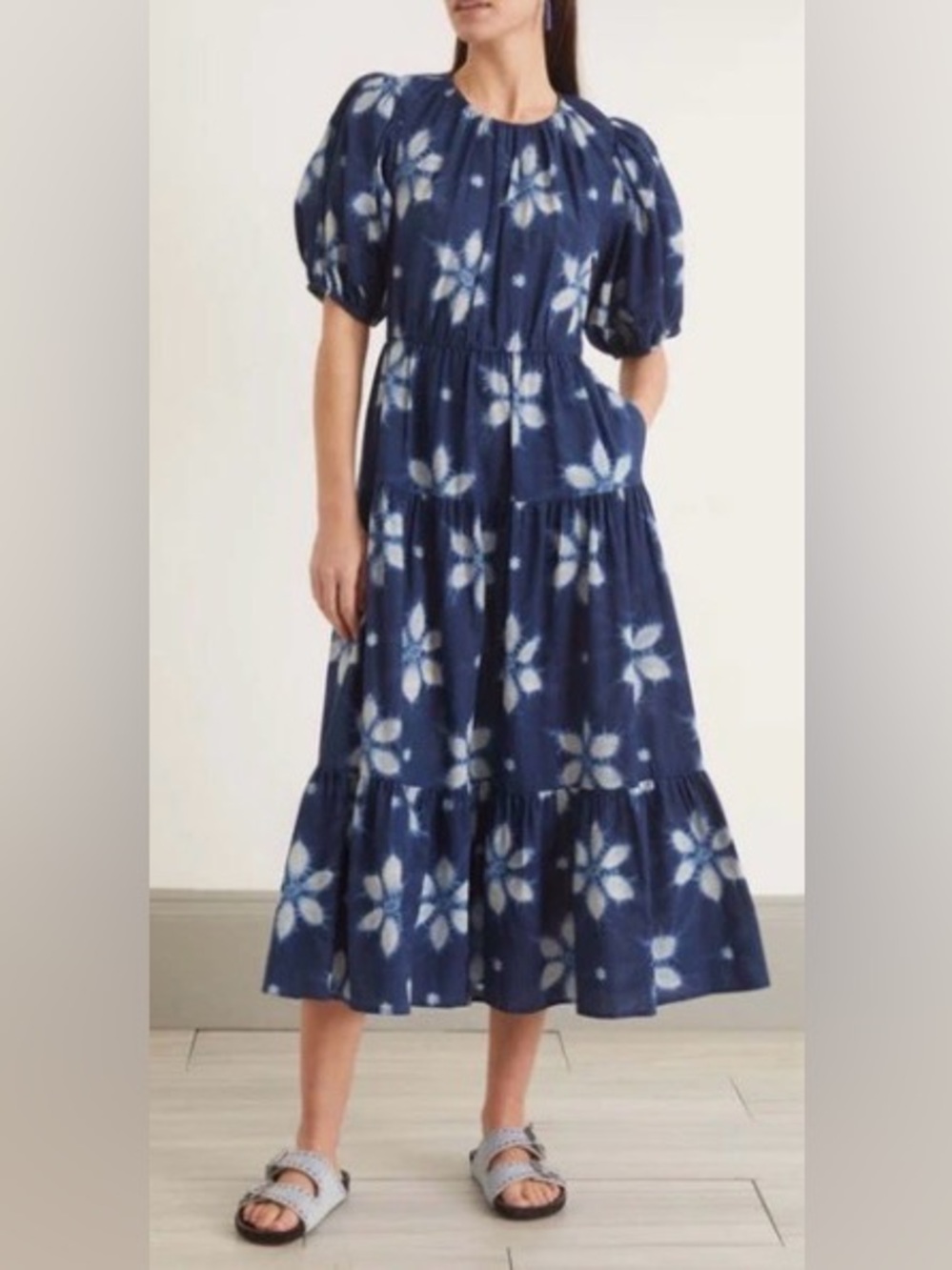 Sea New York Isla Navy Blue Shibori Floral Puff Sleeve Midi Dress Size L